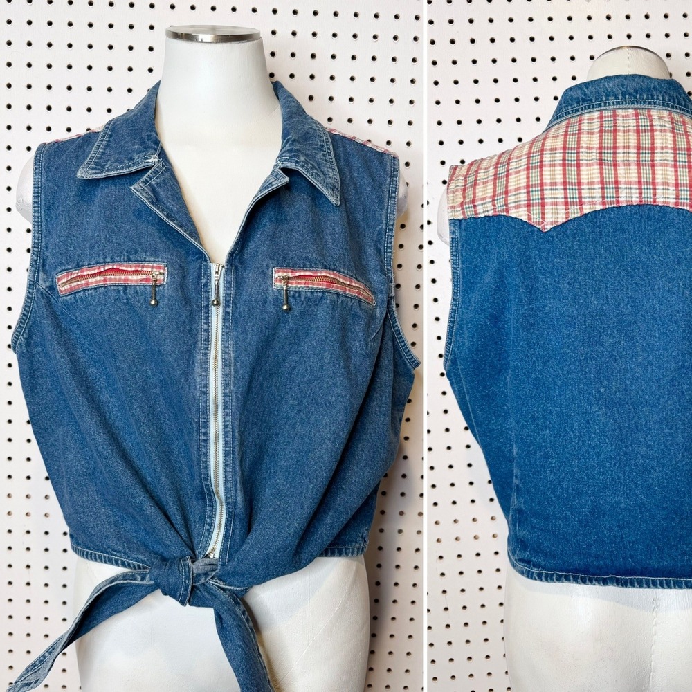 Vintage‎ | Revolt Denim Vest Blue Plaid Trim Tie Front Zip Up Sleeveless